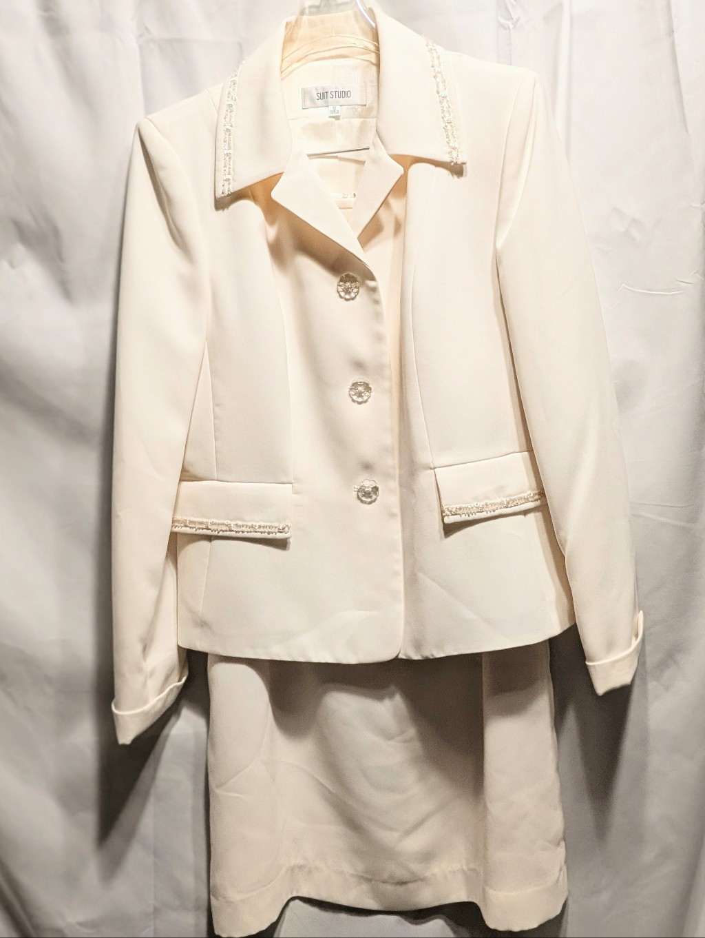 Suit Studio Ivory Tailored Blazer With Decorative Beaded Trim And Skirt Suit